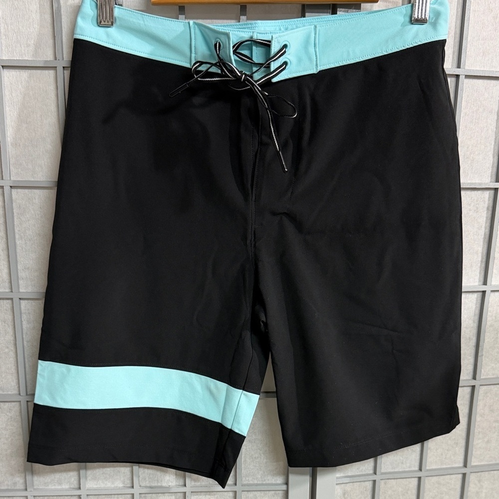Joe Fresh Black Swim Board Shorts with Mint Trim, Small